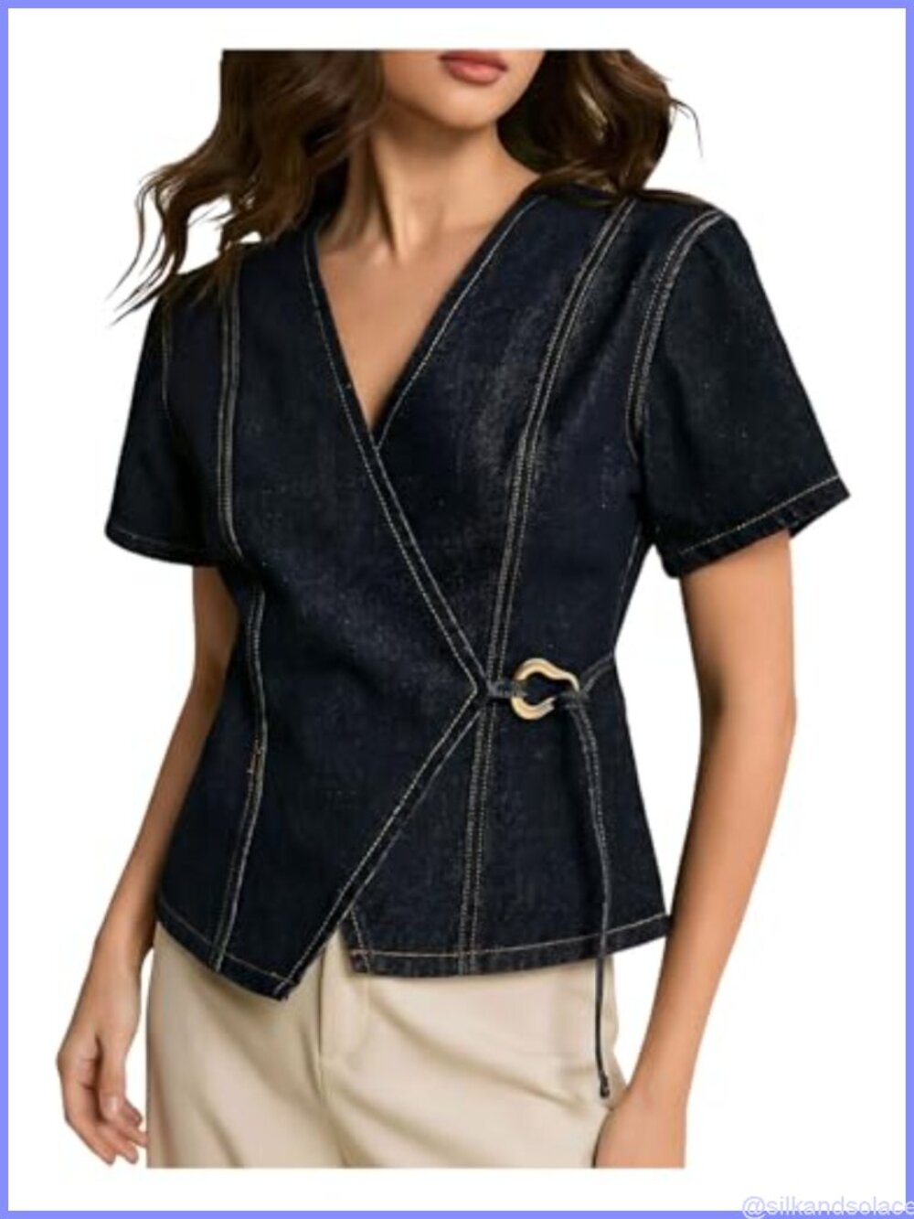 Women's Denim Wrap Top Short Sleeve V Neck Tie Waist Asymmetrical Jean Shirt